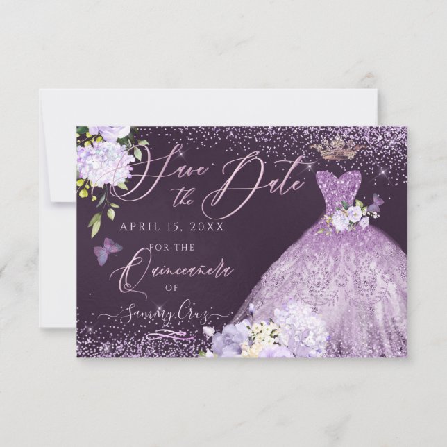 Convite Quinceanera Salva a Data Dusty Purple Gown Invit (Frente)