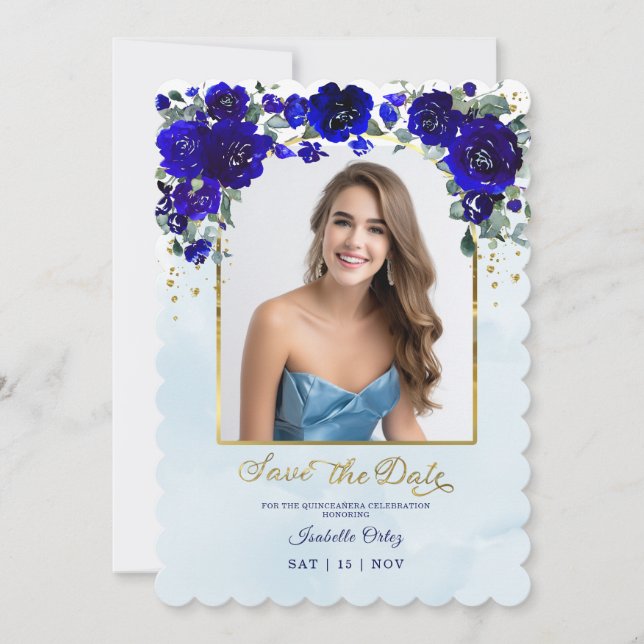 Convite Quinceañera Salva A Data Foto Real Azul Dourado (Frente)