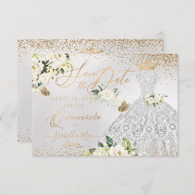 Convite Quinceanera Salva a Data Prata Faux Glitter Gown (Frente/Verso)