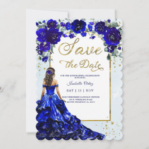 Convite Quinceañera Salva a Data Real Azul e Dourado