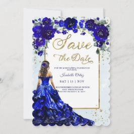 Convite Quinceañera Salvar Data Azul Real e Dourado