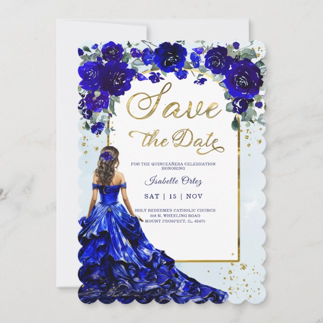 Convite Quinceañera Salvar Data Azul Real e Dourado (Frente)