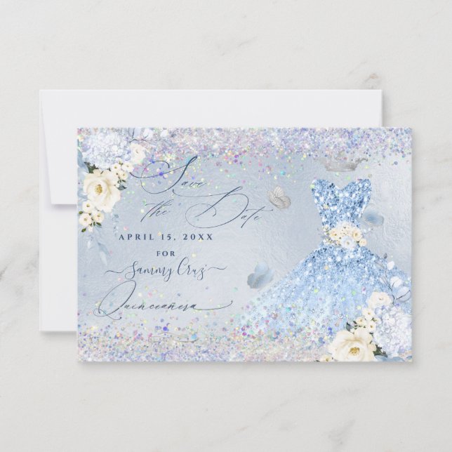 Convite Quinceanera Save Date Blue Holographic Confetti (Frente)