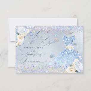 Convite Quinceanera Save Date Blue Holographic Confetti
