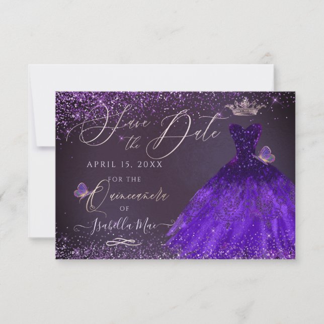 Convite Quinceanera Save Date Butterfly Ultra Violet Gown (Frente)