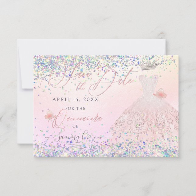 Convite Quinceanera Save Date Holographic Confetti Invita (Frente)