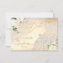 Convite Quinceanera Save the Date Dourado Véu de Brilho Go