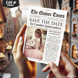 Convite Quinceañera Save the Date, Miss Quince Newspaper