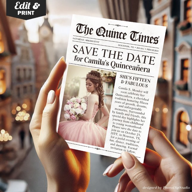 Convite Quinceañera Save the Date, Miss Quince Newspaper (Quinceañera Save the Date, Miss Quince Newspaper Invitation)