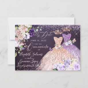 Convite Quinceanera Save the Date Rosa Dourado Pó Roxo