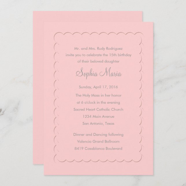 Convite Quinceanera Scallop muda de rosa para qualquer cor (Frente/Verso)