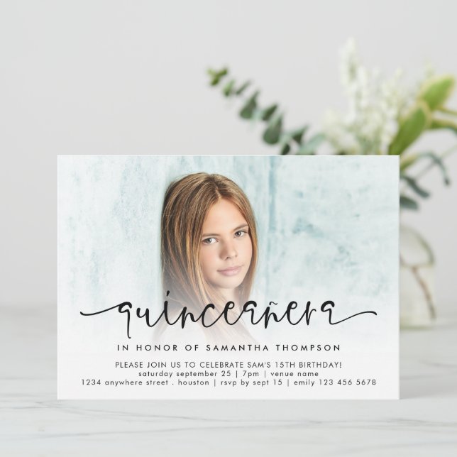 Convite Quinceañera, Script Moderno de Sobreposição de Fot (Em pé/Frente)