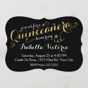 Convite Quinceañera, Script Negro e Dourado
