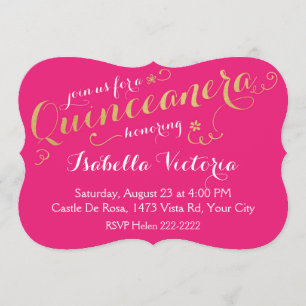Convite Quinceanera, Script Rosa e Dourado