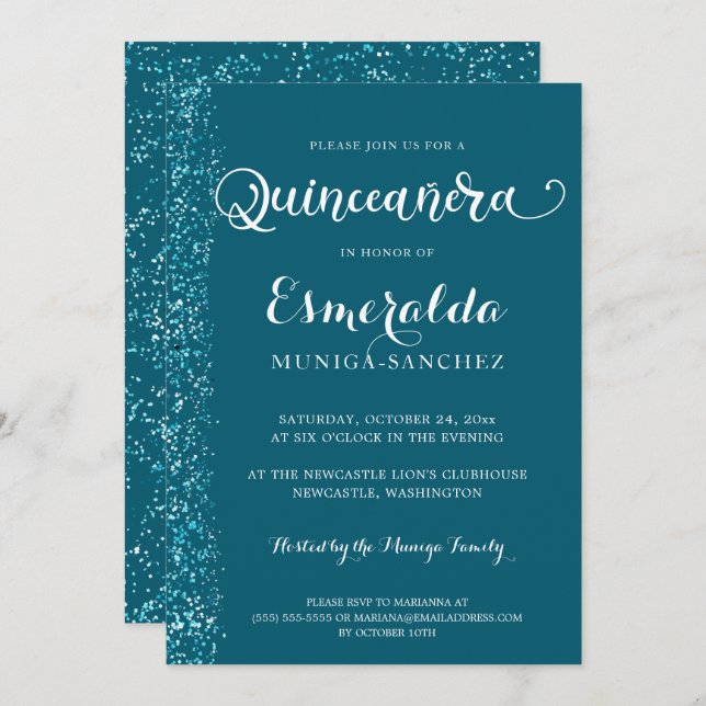 Convite Quinceanera Silver Azul-Teal Moderno (Frente/Verso)