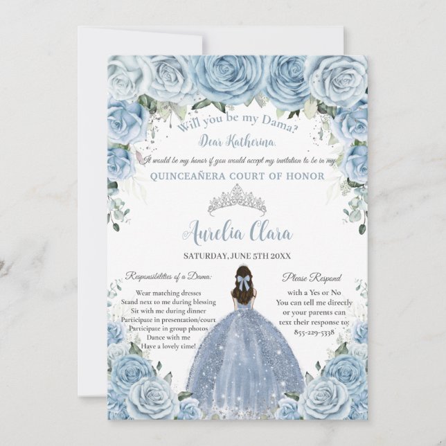 Convite Quinceañera Silver Baby Blue Floral Pedido (Frente)