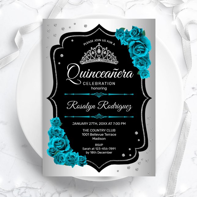 Convite Quinceanera Silver Black Teal (Criador carregado)