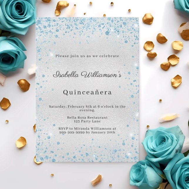 Convite Quinceanera silver blue glitter winter party (Criador carregado)