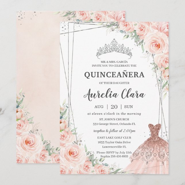 Convite Quinceañera Silver Blush Princesa Floral (Frente/Verso)