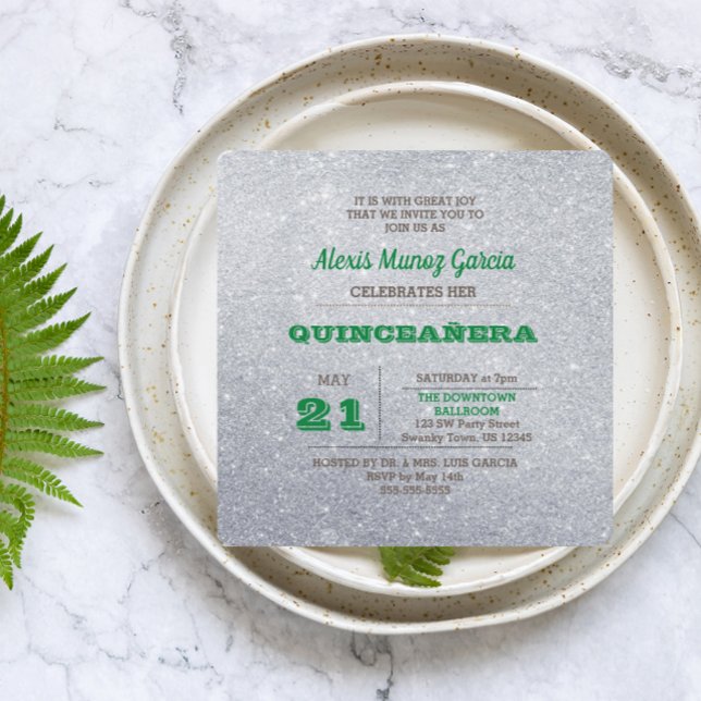 Convite Quinceañera Silver e Emerald Green Sparkly (Criador carregado)