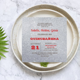 Convite Quinceañera Silver e Ruby Red Sparkly