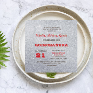 Convite Quinceañera Silver e Ruby Red Sparkly