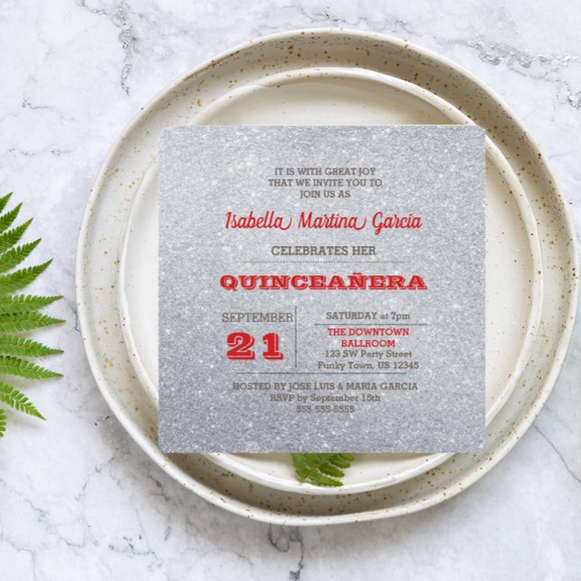 Convite Quinceañera Silver e Ruby Red Sparkly (Criador carregado)