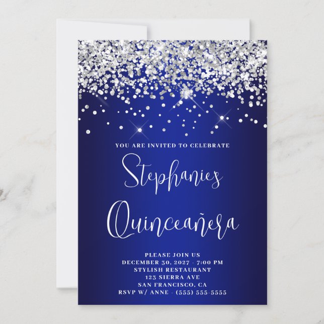 Convite Quinceañera Silver Glitter Royal Blue Navy Ombre (Frente)