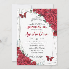 Convite Quinceañera Silver Rosas vermelhas Borboletas