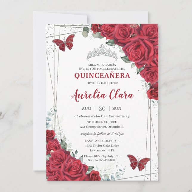 Convite Quinceañera Silver Rosas vermelhas Borboletas (Frente)