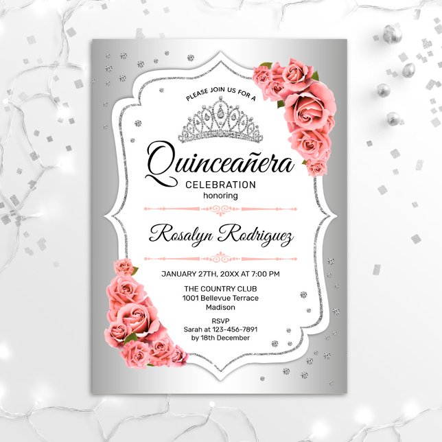 Convite Quinceanera - Silver White Blush - Rosa (Criador carregado)