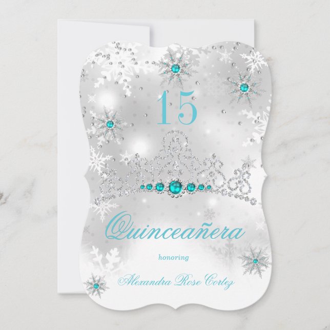 Convite Quinceanera Silver White Teal Blue Pearl Floco de  (Frente)