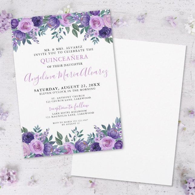 Convite Quinceanera Simples e Elegante (Elegant Simple Purple Quinceanera Invitation)
