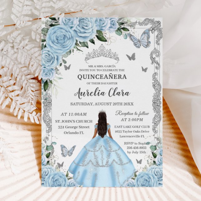 Convite Quinceañera Sky Blue Floral Dress Princesa Pratead (Criador carregado)