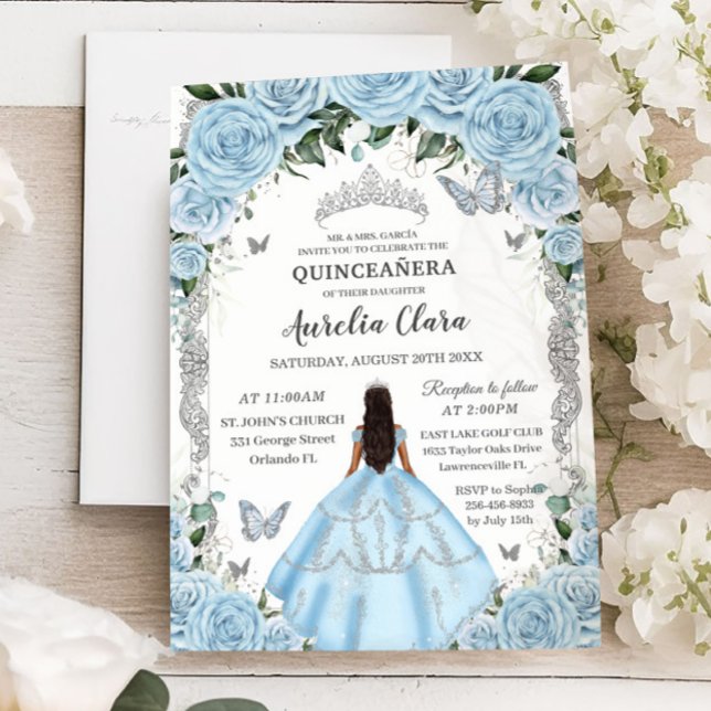 Convite Quinceañera Sky Blue Floral Gown Princesa Prateada (Criador carregado)