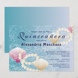 Convite Quinceanera sob o solo marinho, pérolas, cascas co