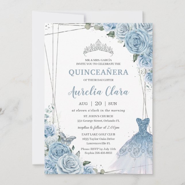 Convite Quinceañera Soft Baby Blue Floral Rosas (Frente)