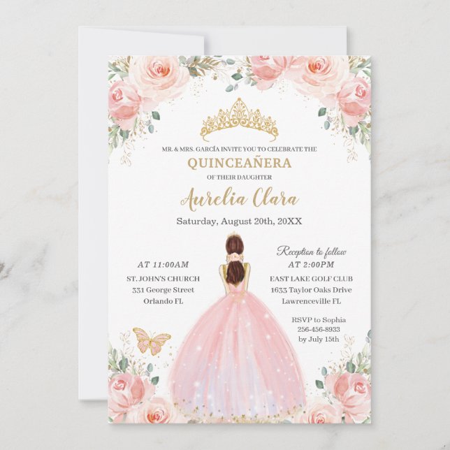 Convite Quinceañera Soft Blush Borboletas Florais Princesa (Frente)