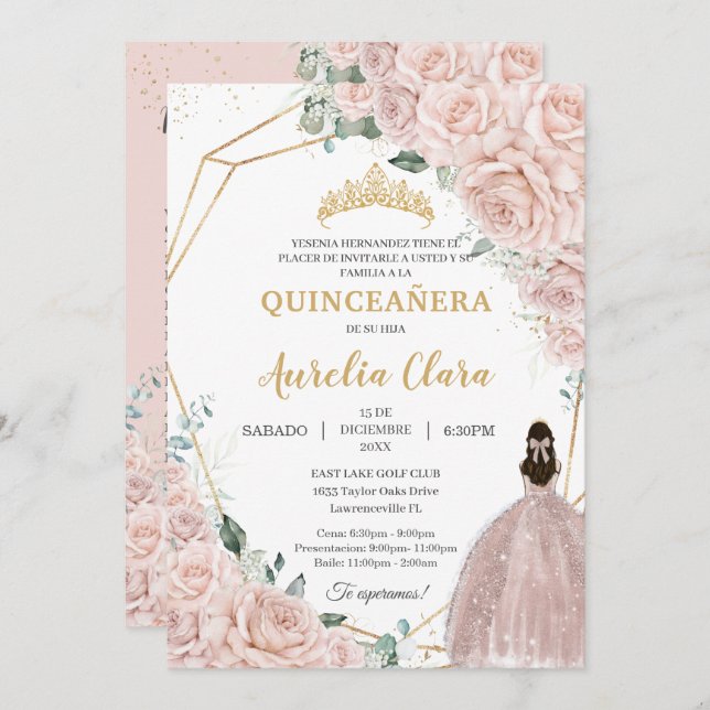 Convite Quinceañera Soft Blush Floral 15 Años Padrinos (Frente/Verso)