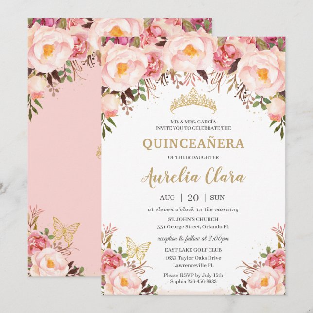 Convite Quinceañera Soft Blush Floral Dourada Tiara Butter (Frente/Verso)