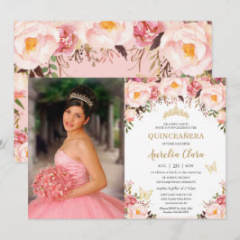 Convite Quinceañera Soft Blush Floral Dourada Tiara Butter