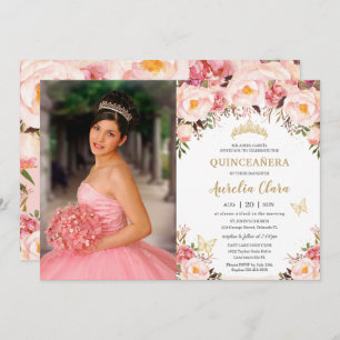 Convite Quinceañera Soft Blush Floral Dourada Tiara Butter