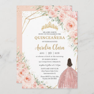 Convite Quinceañera Soft Blush Flores Rosas Coroa