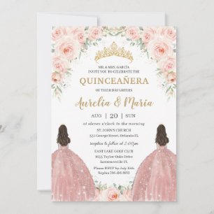 Convite Quinceañera Soft Blush Rosas Florais Gêmeos