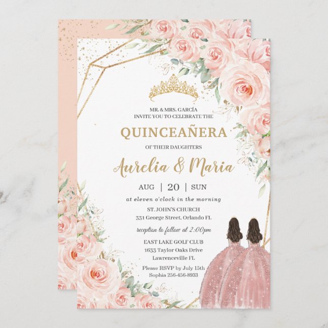 Convite Quinceañera Soft Blush Rosas Florais Gêmeos (Frente/Verso)