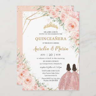 Convite Quinceañera Soft Blush Rosas Florais Gêmeos