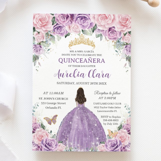 Convite Quinceañera Soft Purple Lilac Pink Princesa Floral (Criador carregado)