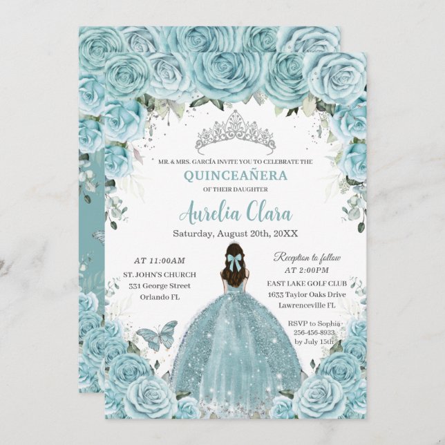 Convite Quinceañera Soft Turquoise Floral Silver Crown (Frente/Verso)