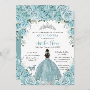 Convite Quinceañera Soft Turquoise Floral Silver Crown