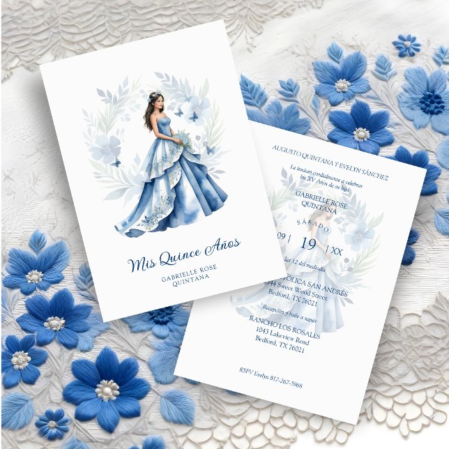 Convite Quinceañera Sophisticated Blue Floral Garland (Spanish Quinceañera Sophisticated Blue Wreath Garland and Exquisite Doll in Blue Invitation Card.)